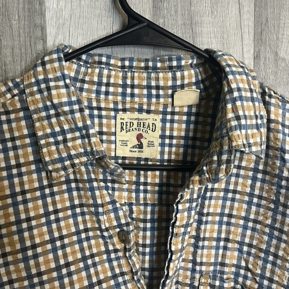 RED HEAD Men's Button Shirt Large Blue/Tan Check Short Sleeve Casual - Picture 3 of 8
